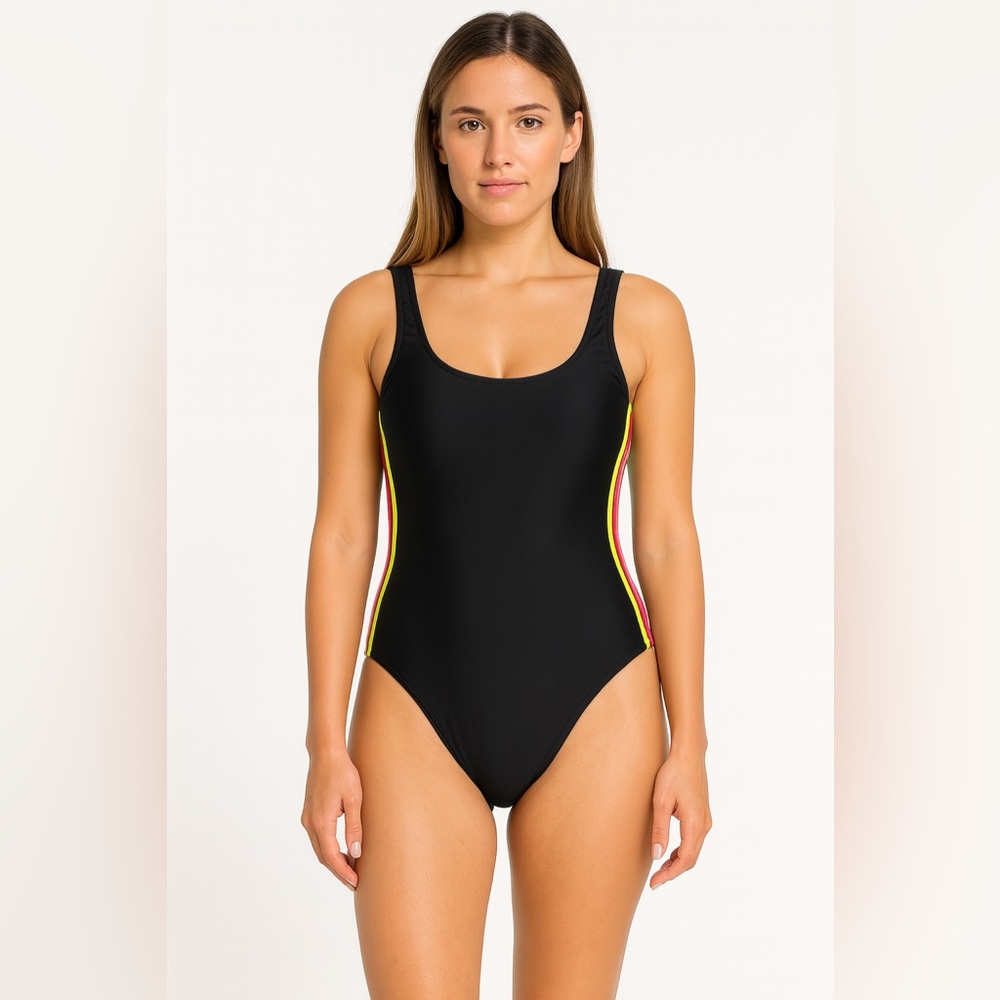 Emme Jordan One Piece Swimsuit Neon‎ Trim Black Bathing Suit Size S